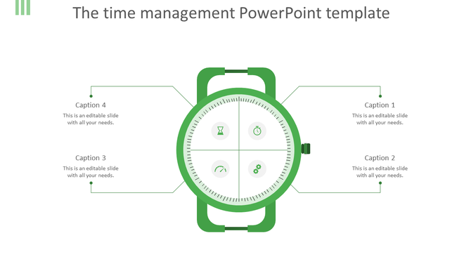 Time management slide with a green watch graphic and four icons representing time-related concepts.