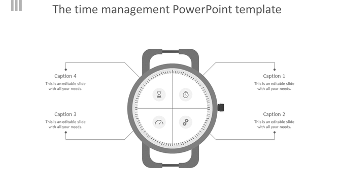Time management  template with a watch graphic and four captions with icons representing time-related concepts.
