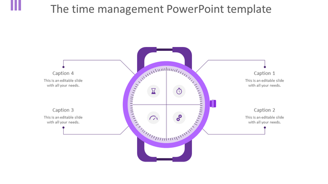 Purple watch themed infographic with four icons inside the dial, each linked to captions on both sides with thin lines.