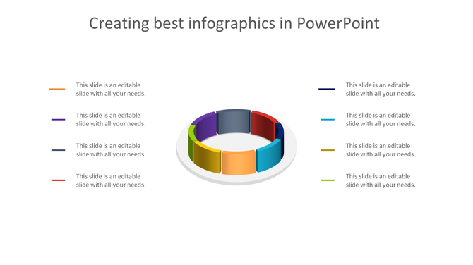 3D circular infographic in multiple colors, surrounded by text entries aligned on both sides, on a white background.