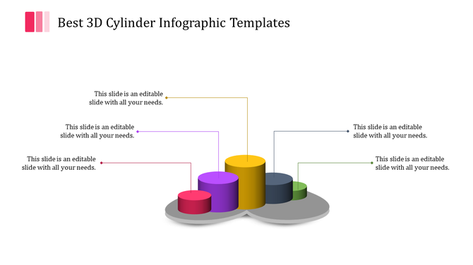 3D cylinder chart with colorful cylinders in red, purple, yellow, blue, and green placed on a gray base.