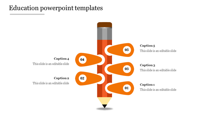 Education template featuring a central orange pencil with five orange markers labeled 01 to 05, connecting to caption areas.