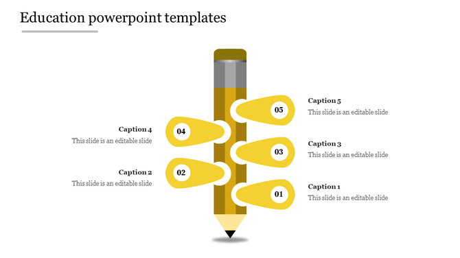 Educational diagram with a vertical pencil and five side-attached yellow labels displaying numbers and captions.