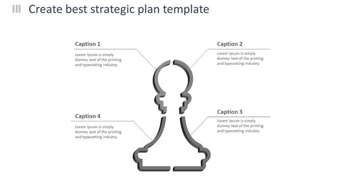 Strategic planning infographic featuring a segmented chess pawn shape in the center, linked to four captions areas.