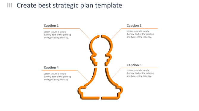 Orange pawn shaped outline at the center with four captions linked by thin lines in a strategic layout.