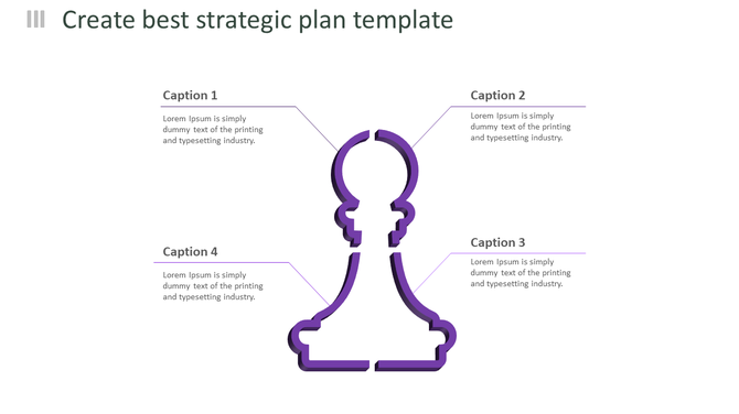 Strategic plan PowerPoint template with purple chess piece icon and four numbered captions.