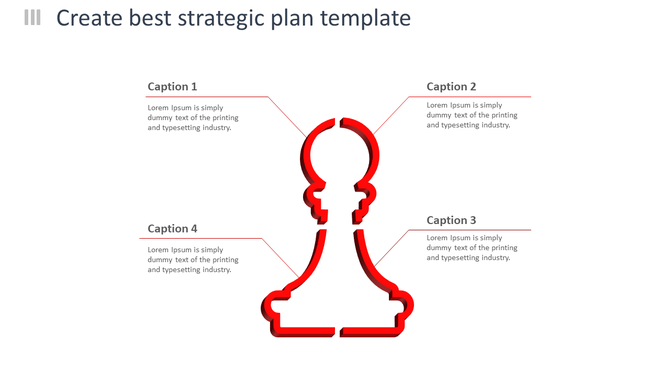 Strategic planning slide featuring a bold red chess pawn outline in the center, with four caption areas.