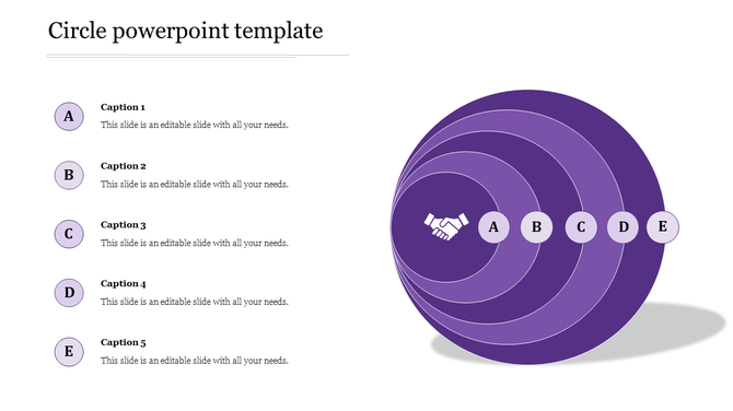 Template with five concentric circles in purple shades, each labeled from A to E, with a handshake icon at the core.