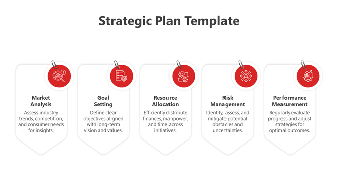 Strategic planning template with five white tags, red icons, and clip accents,  representing key business planning stages.