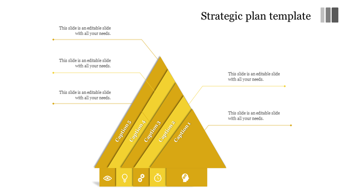 PowerPoint template with a yellow triangular diagram representing a strategic plan with five sections labeled for captions.