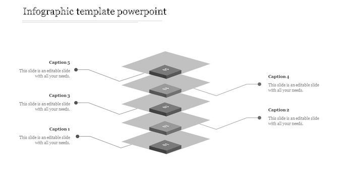 Layered 3D business infographic with five numbered gray blocks, arranged in ascending order, with callouts on both sides.
