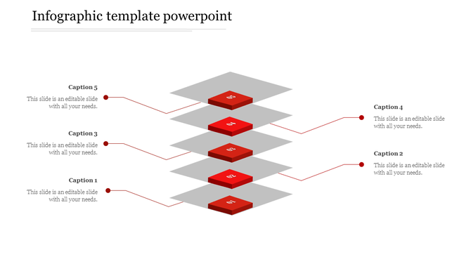 3D infographic template showing stacked red tiles labeled 01 to 05, each connected to captions for content.