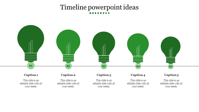 Horizontal timeline with five green light bulb icons, numbered 01 to 05, aligned along a gray line with captions below.