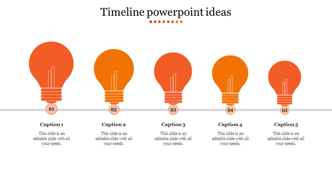 Timeline PPT template featuring five orange lightbulbs, each representing a step in a process with captions.