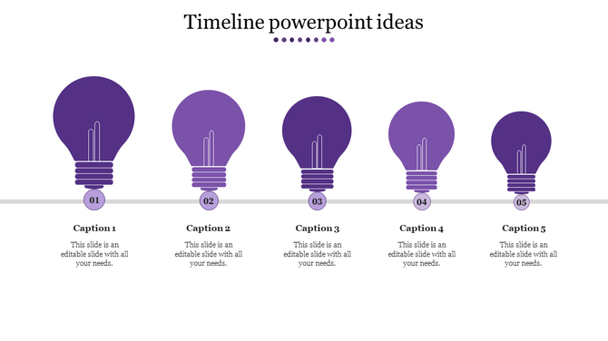 Timeline with five evenly spaced purple lightbulb icons, numbered from 01 to 05, with captions underneath.