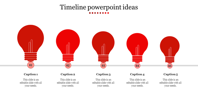 Horizontal timeline with five red light bulb icons, numbered 01 to 05, aligned along a gray line with captions below.