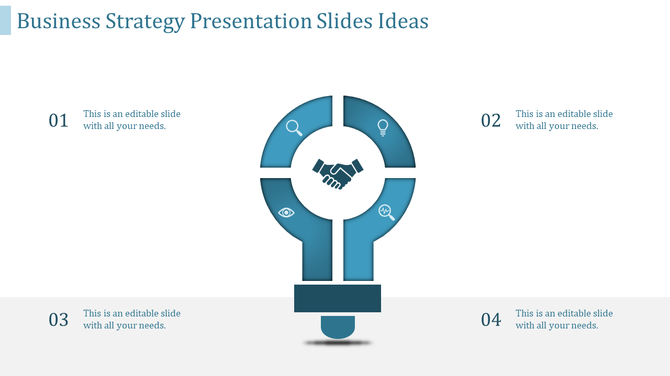 Business strategy slide with a blue lightbulb graphic divided into four sections featuring icons and numbered captions.