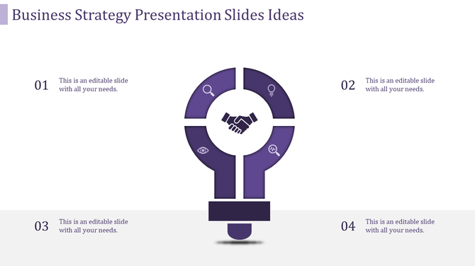 Business strategy ideas light bulb diagram with four purple sections, each featuring icons and a central handshake.