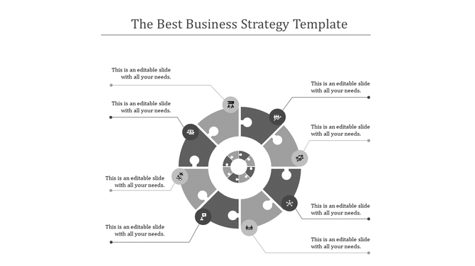 Business strategy slide in grayscale featuring sections for various business topics with icons and placeholder text.