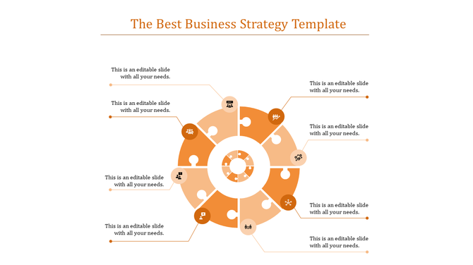 Business strategy diagram featuring an orange circular chart divided into six parts, with icons and caption boxes.