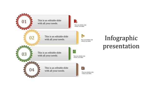 Infographic presentation slide with numbered gears and icons representing different sections of content.
