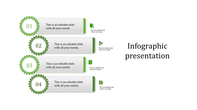 Infographic with four green badge shaped icons labeled 01 to 04, linked to text boxes, set on a white background.