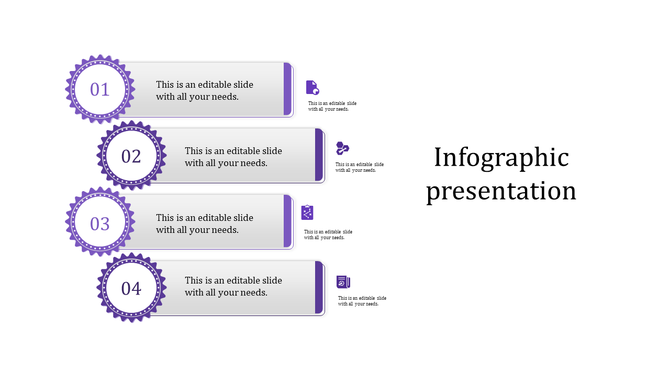 Purple themed infographic PowerPoint slide with four sections, each with a gear icon and associated content.