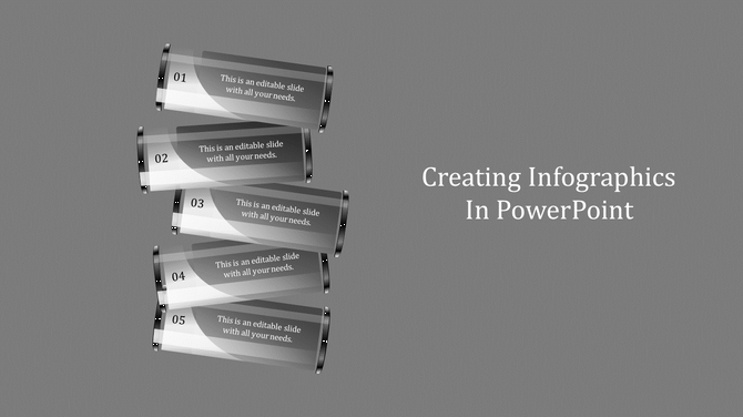 Grayscale PowerPoint infographic slide with five sections, each marked with numbers.