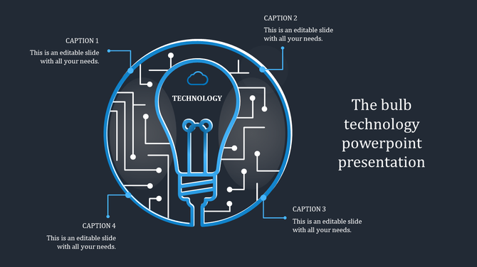 Technology slide featuring a central light bulb design with circuit pathways and multiple caption placeholders.