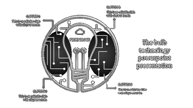 Technology themed PowerPoint slide with a lightbulb design and circuit patterns, containing four caption spaces.