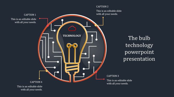 Technology themed slide with a lightbulb graphic, surrounded by circuit lines and four linked captions in a dark background.