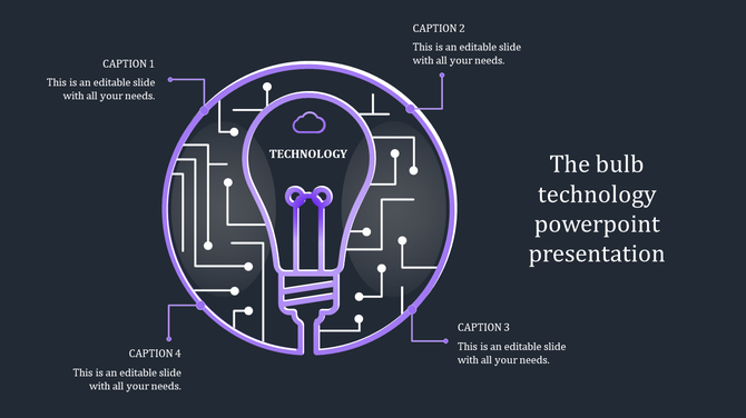 Technology slide with a purple lightbulb graphic, surrounded by circuit lines and four linked captions in a dark background.