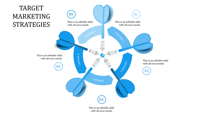 Target marketing strategies PowerPoint slide with five dart sections and icons for captions.