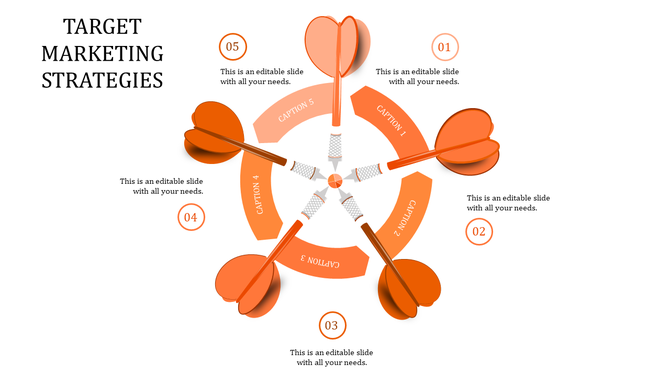 PowerPoint template featuring five orange darts for target marketing strategies with captions.