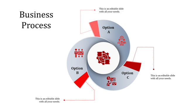 Business process PowerPoint slide with three options, arrows, and relevant icons.