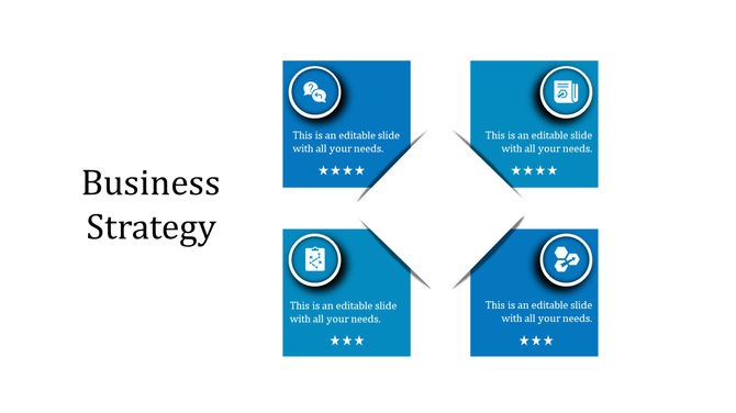 Business strategy slide with four blue boxes, each containing an icon and placeholder text, arranged in a diamond format.