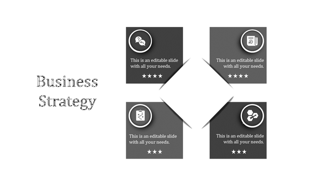 Business strategy layout with four gray squares featuring icons, text, and star ratings surrounding a white center.