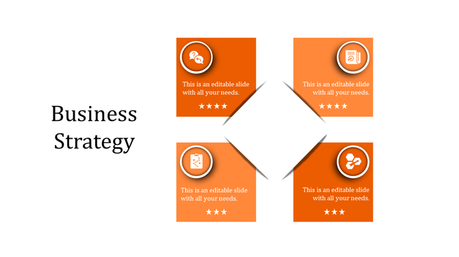 Business strategy slide with four orange tiles featuring icons and editable captions, forming a square around a diamond.