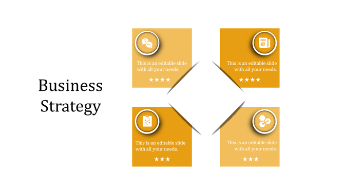 Business strategy slide with four yellow boxes, each containing an icon and placeholder text, arranged in a diamond format.