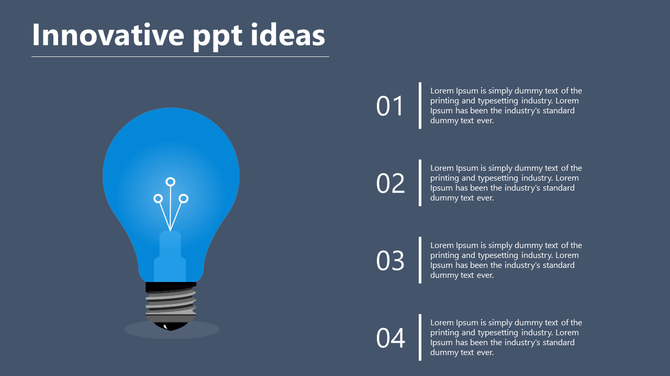 Innovative ideas slide layout featuring a blue lightbulb icon on a dark blue background with four text areas to the right.