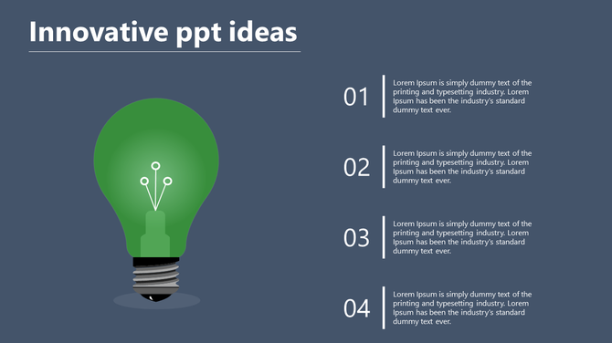 Innovative slide design with a glowing green lightbulb on the left, symbolizing ideas, and numbered text points. 
