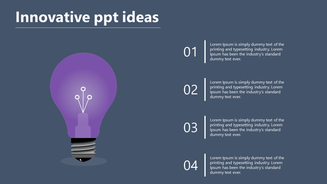 Innovative infographic layout with a purple lightbulb symbolizing ideas and four numbered points listed alongside.
