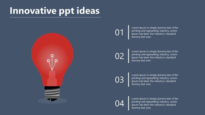 Innovative design with a glowing red lightbulb on the left and four numbered points with placeholder text areas. 