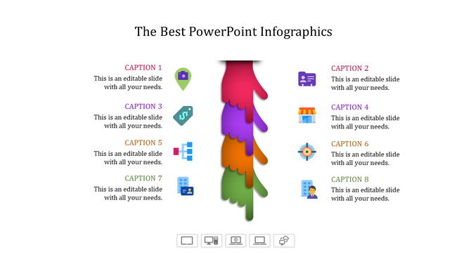 Central rainbow gradient dripping design with eight colorful icons and captions evenly arranged on both sides.