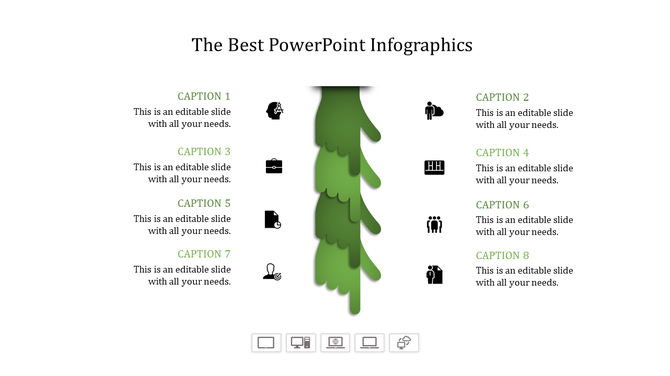 Central green layered vertical design with eight black icons and captions arranged symmetrically on both sides.