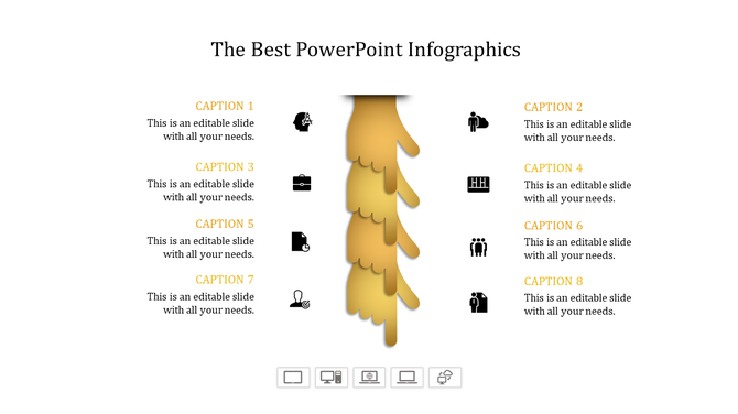 Symmetrical infographic slide featuring a golden layered centerpiece and eight captions with matching icons.
