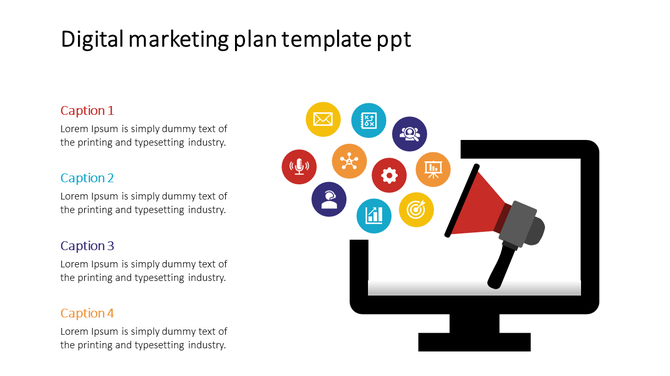 Digital marketing plan template with a computer screen, a megaphone, and colorful icons representing marketing tools.