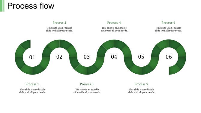 Process flow PowerPoint template with six steps in a winding green path, each with a caption.