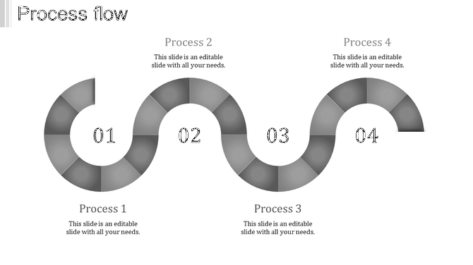 Process flow template with four gray segments, each representing a process step with placeholder text.