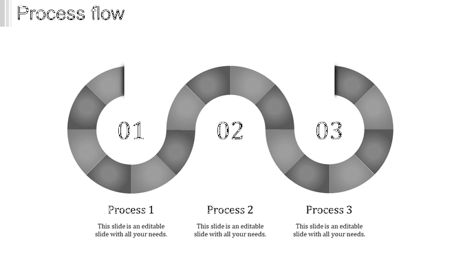 Gray wavy process flow diagram with three segmented curved shapes labeled 01 to 03 and captions below.